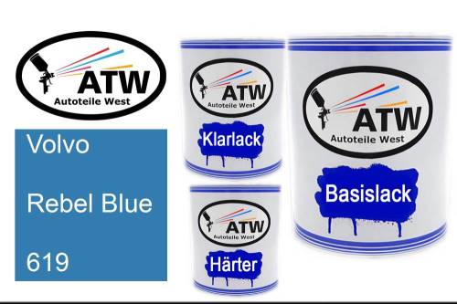 Volvo, Rebel Blue, 619: 1L Lackdose + 1L Klarlack + 500ml Härter - Set, von ATW Autoteile West.